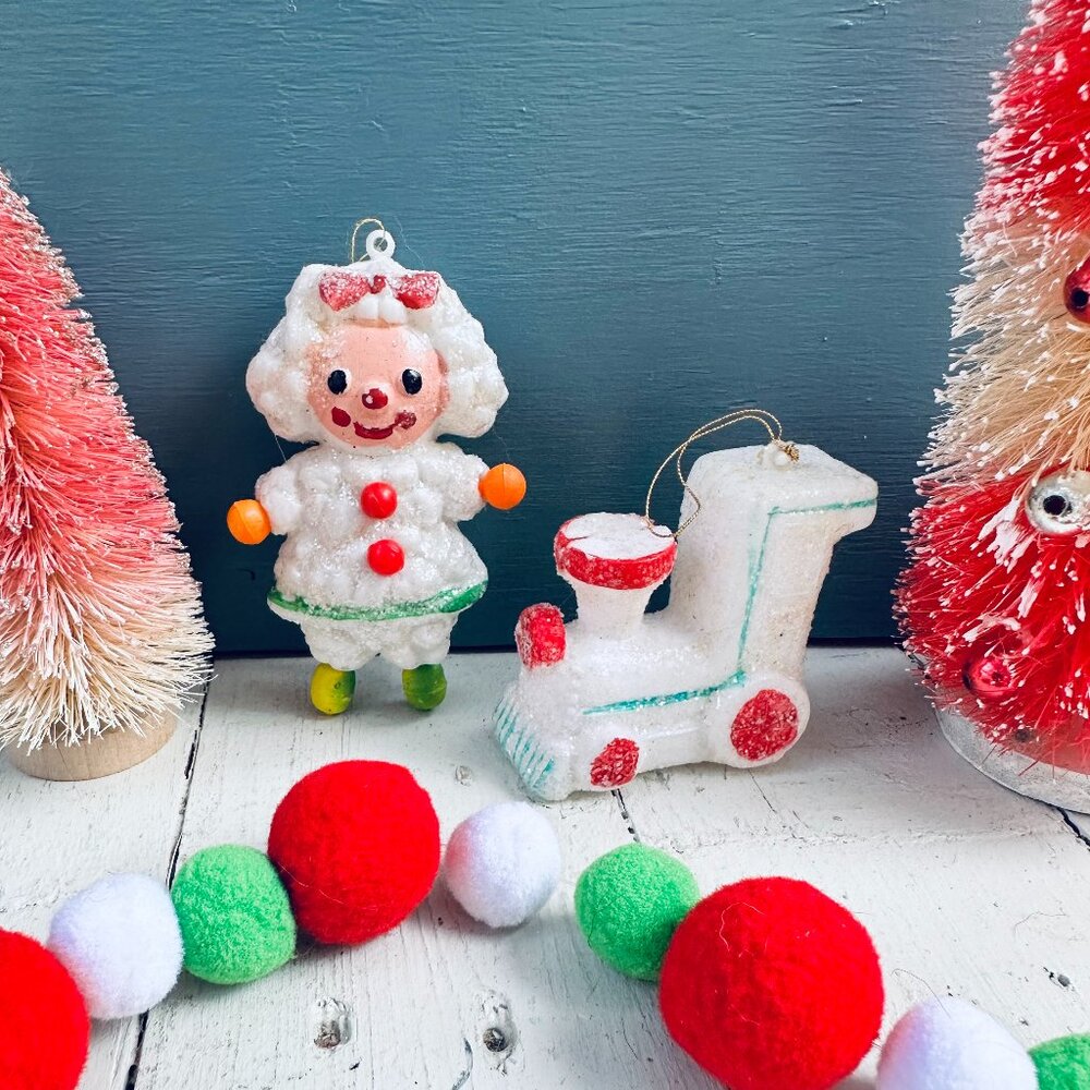 Vintage Candyland Glitter Christmas Ornaments Gingerbread Girl Train Pair